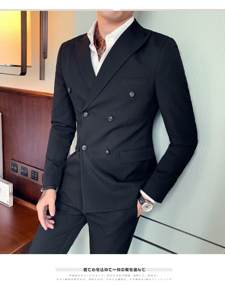西服套装男士两件套韩版修身职业正装休闲外套小西装礼服 双排扣黑色