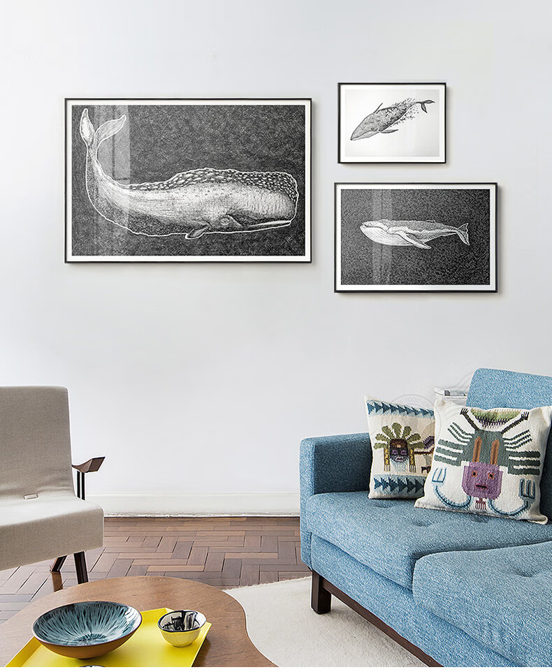 stingchenx仟象映画现代海洋生物黑白装饰画沙发背景墙双联鲸c款蓝鲸