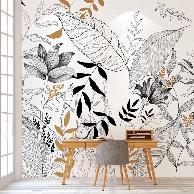 热带雨林法式抽象线描热带雨林植物壁画客厅餐厅背景墙纸定制民宿环保