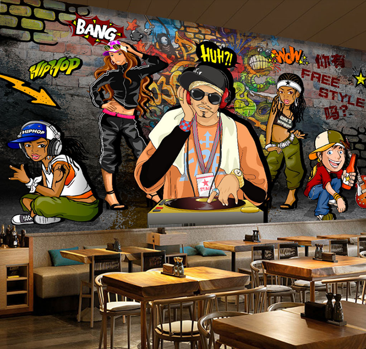手绘复古街头嘻哈涂鸦3d背景墙纸个性潮流壁画舞蹈教室街舞壁纸无缝
