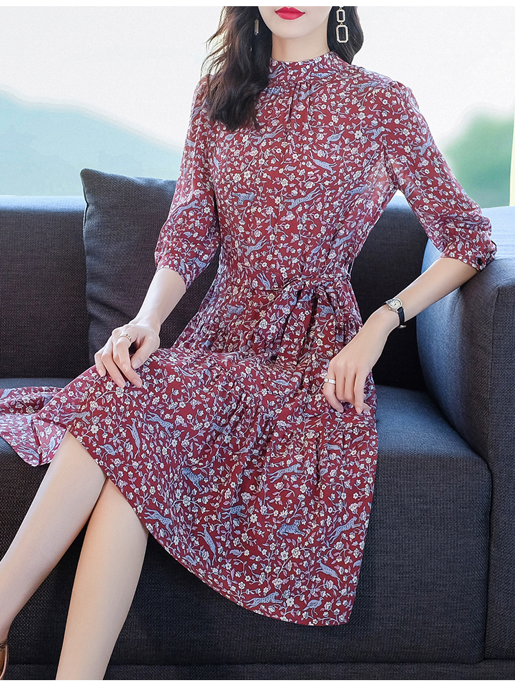 妃姿茜轻奢印花真丝连衣裙女中长款2021春装新品南油高端女装桑蚕丝中