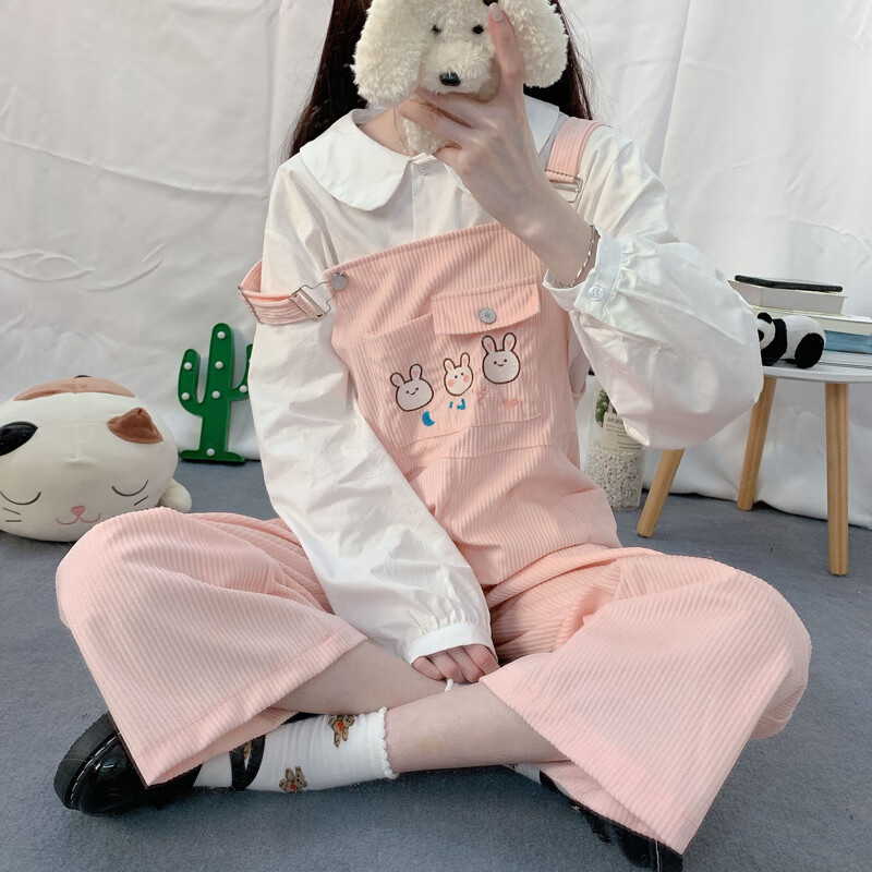初中女生夏天背带裤可爱少女中学生春夏季吊带裤日系刺绣裤子女阔腿裤