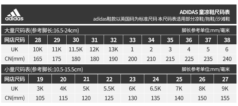 adidas阿迪达斯夏新款大童软底露趾儿童运动凉鞋fv083134码2uk适合脚