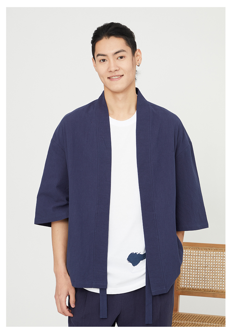 后序改良汉服男七分袖夏季居士服男禅服刺绣外套中国风男装茶服男黑色
