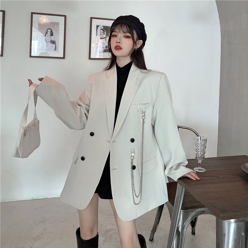米白色链条小西装女2021春秋新款韩版ins暗黑网红气质西服外套潮 黑色