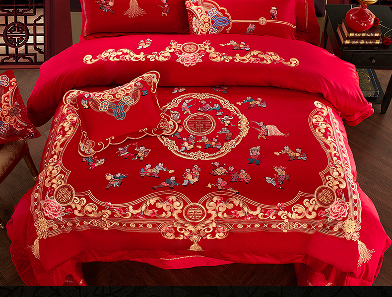 18米刺绣大红色结婚六十多件套床上用品qp早生贵子18m床床盖四件套