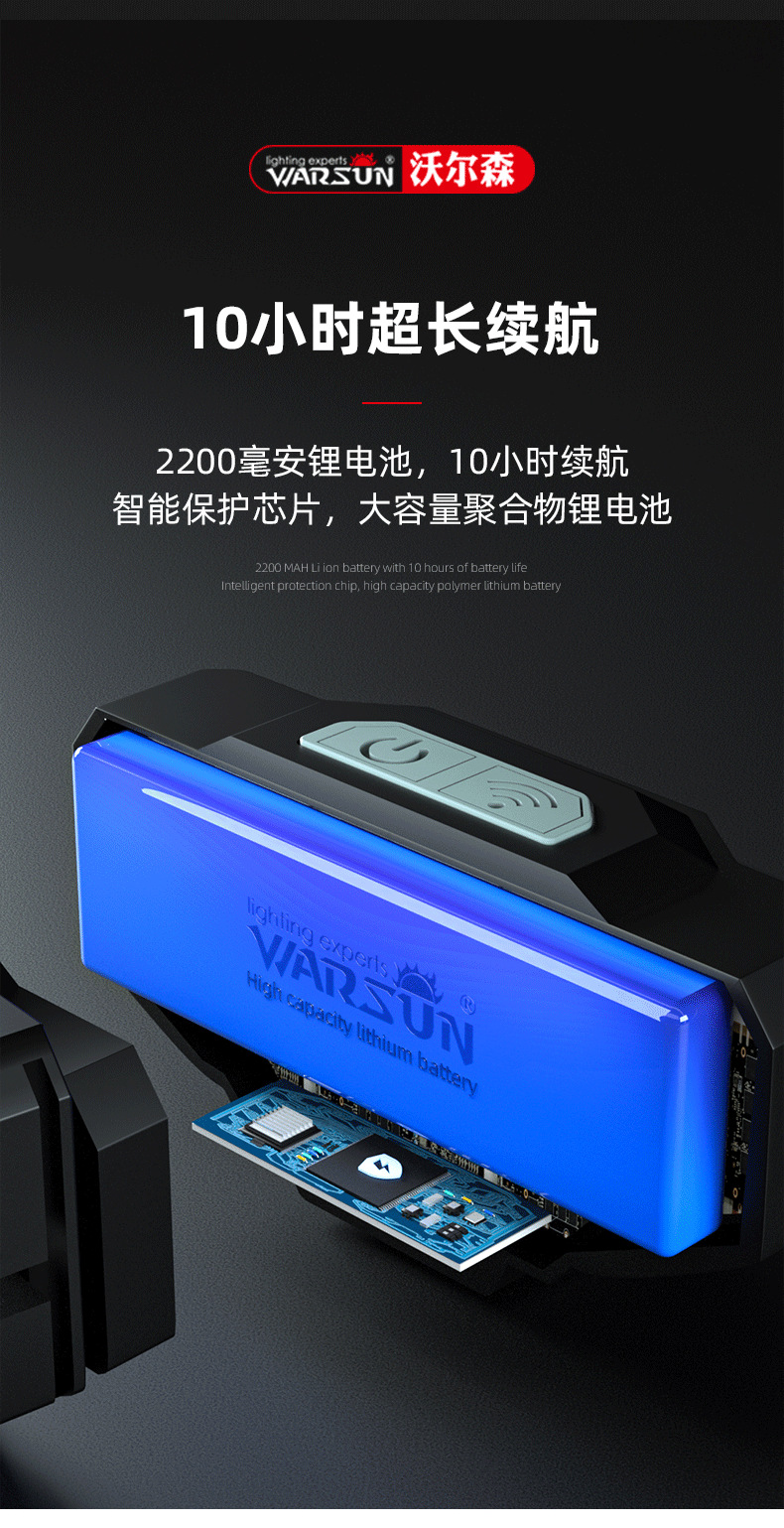 沃尔森 led感应夜钓头灯钓鱼专用户外强光充电超亮头戴式超轻小号黄光