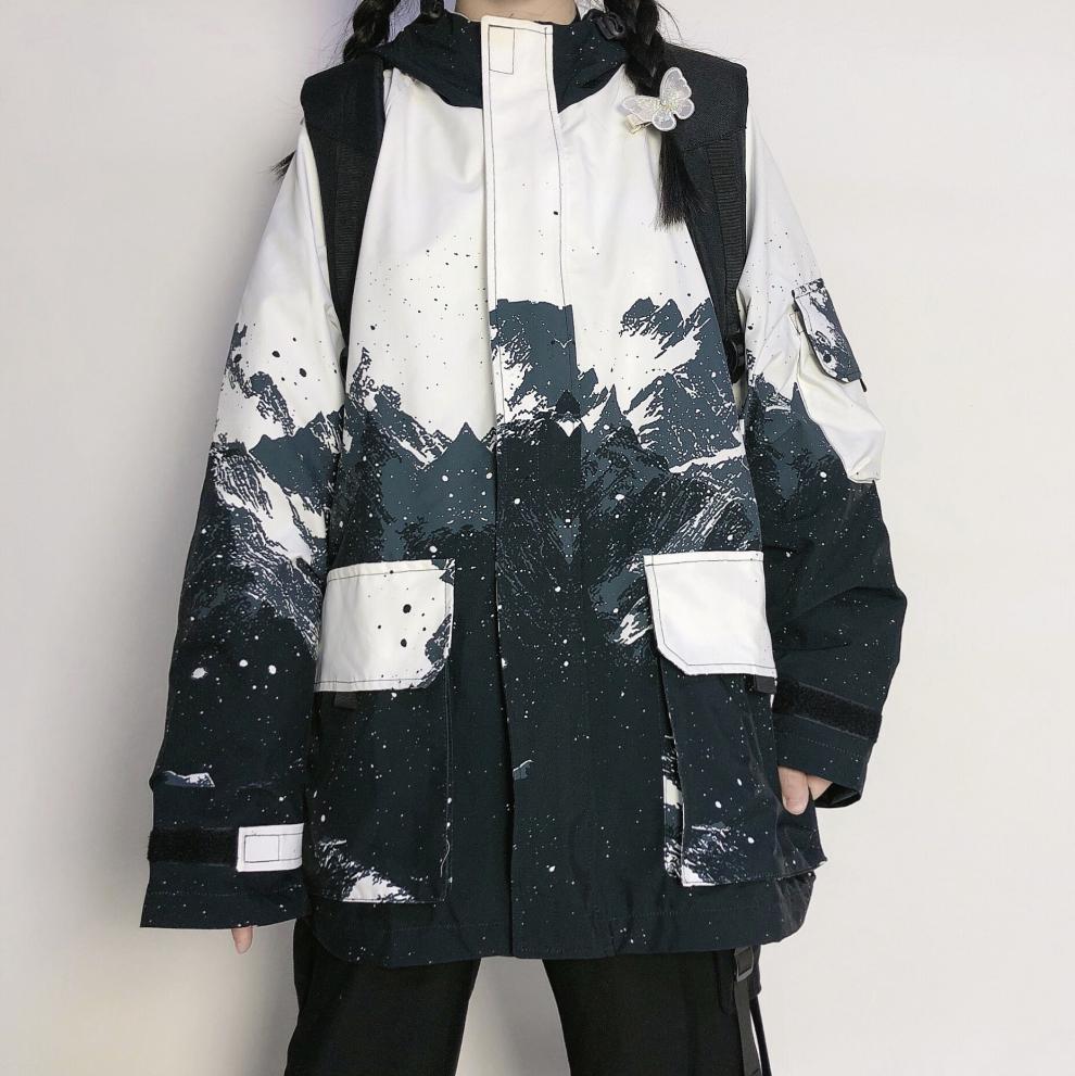pinksavior雪山满印设计款情侣连帽宽松休闲风衣外套