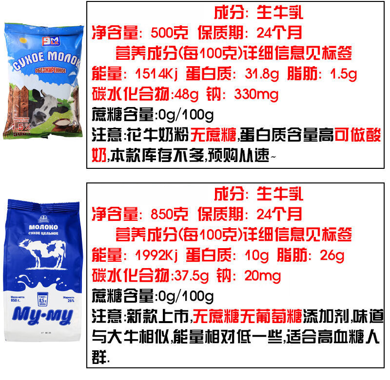 俄罗斯奶粉高钙老式奶粉无糖全脂纯牛奶粉中老年成人学生 2包