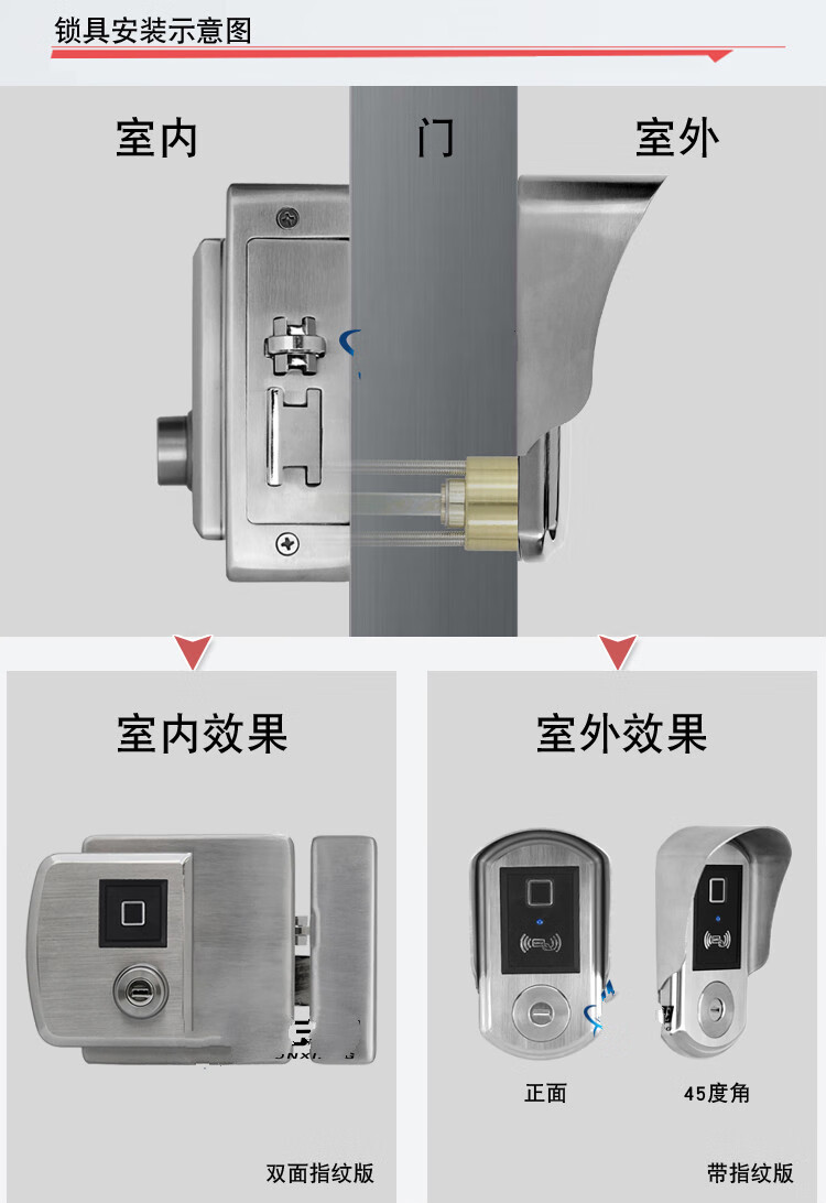 双面指纹锁免布线电控锁铝艺防盗门老式别墅十大品牌单面内开银色刷卡