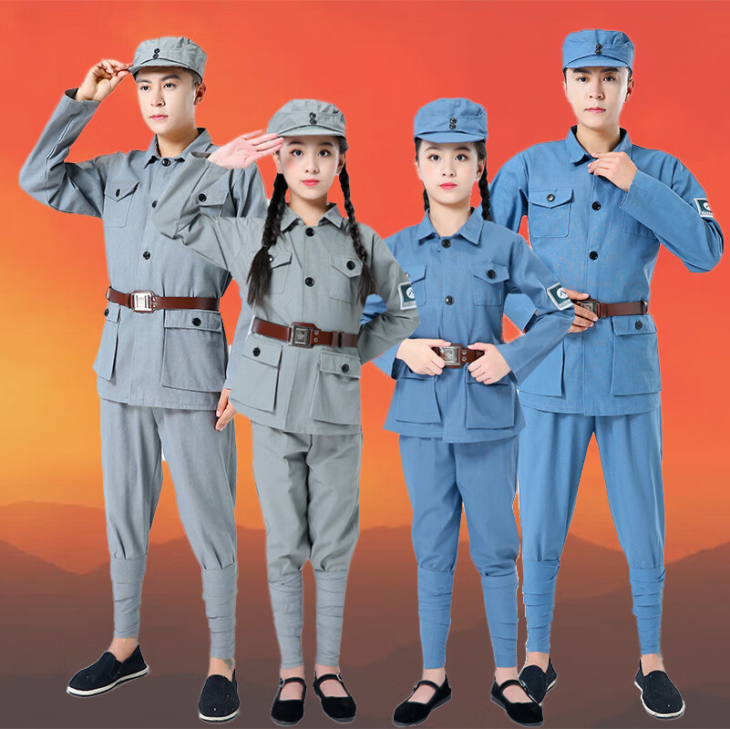 儿童小红军演出服成人八路军红星闪闪表演服抗战时期服装棉麻粗布蓝色