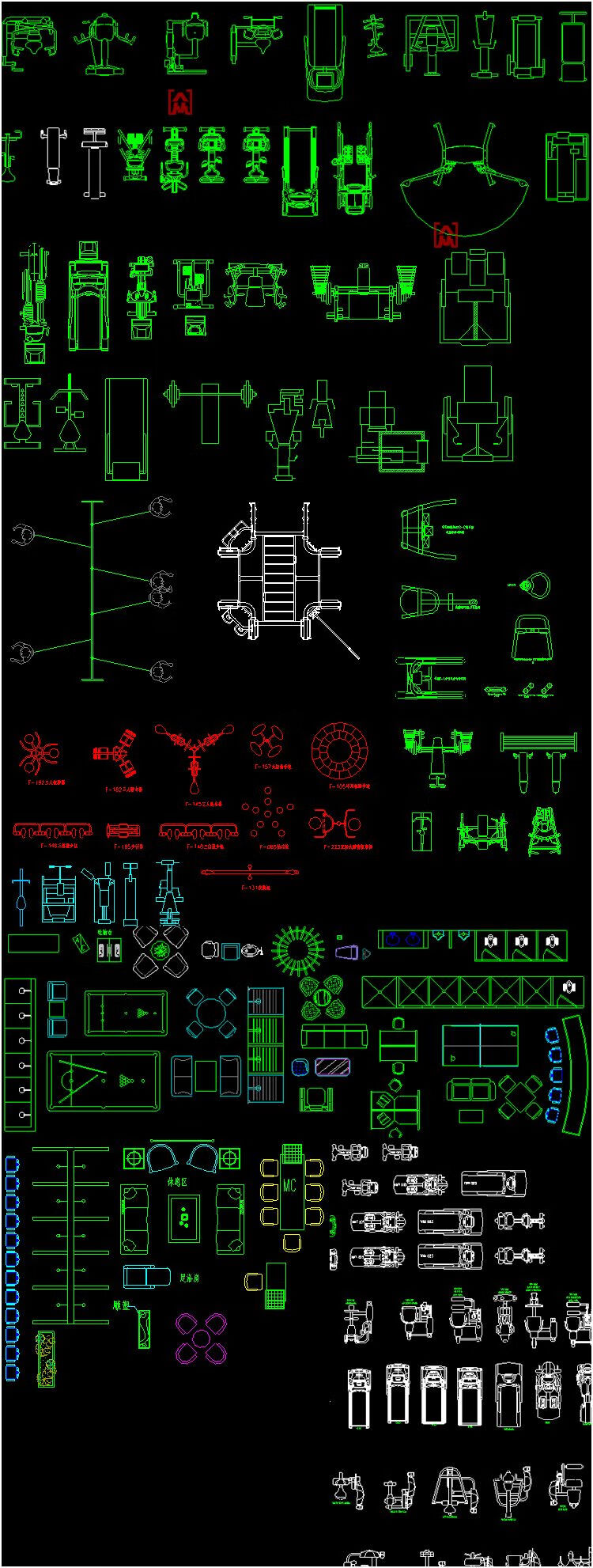 健身房瑜伽会所乐园运动器械图块素材cad施工图库