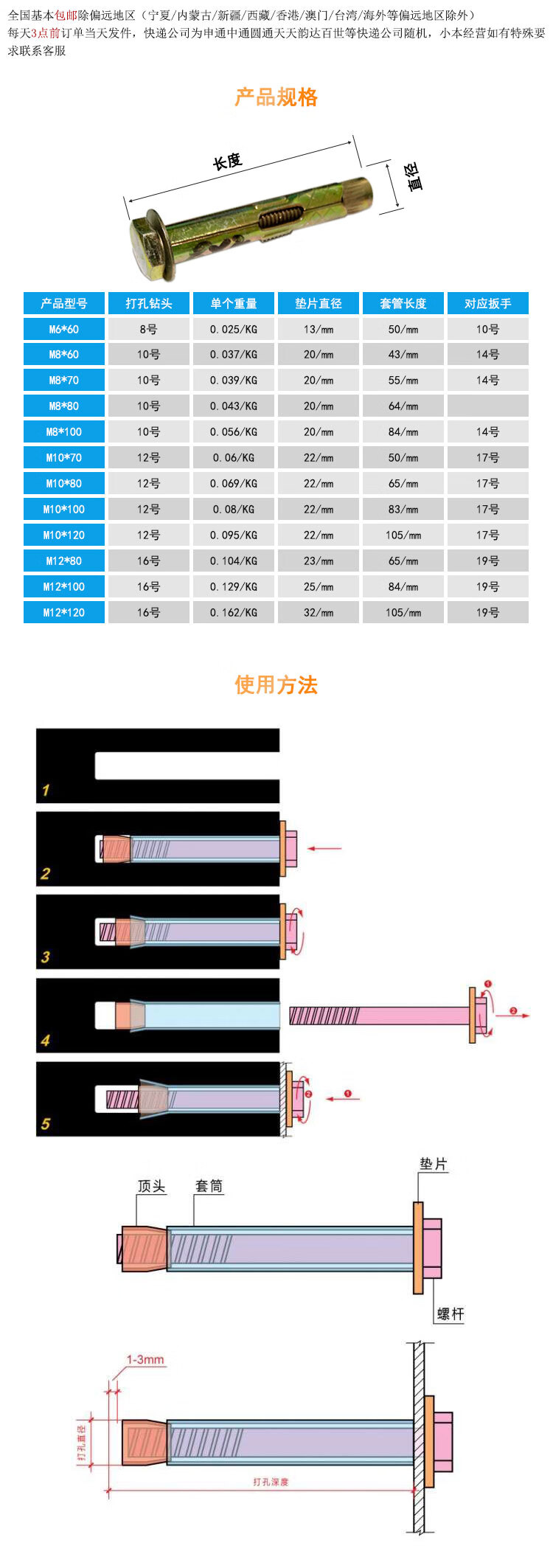 外六角套管壁虎内膨胀螺栓螺丝内爆内迫内置膨胀m6m8m10m12晨臻m650
