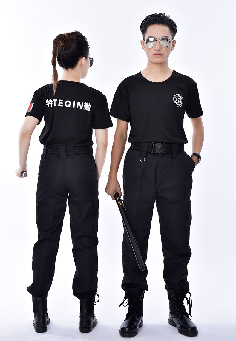 visrea圆领夏装保安服短袖制服女黑色安保工作服套装保安t恤男夏季