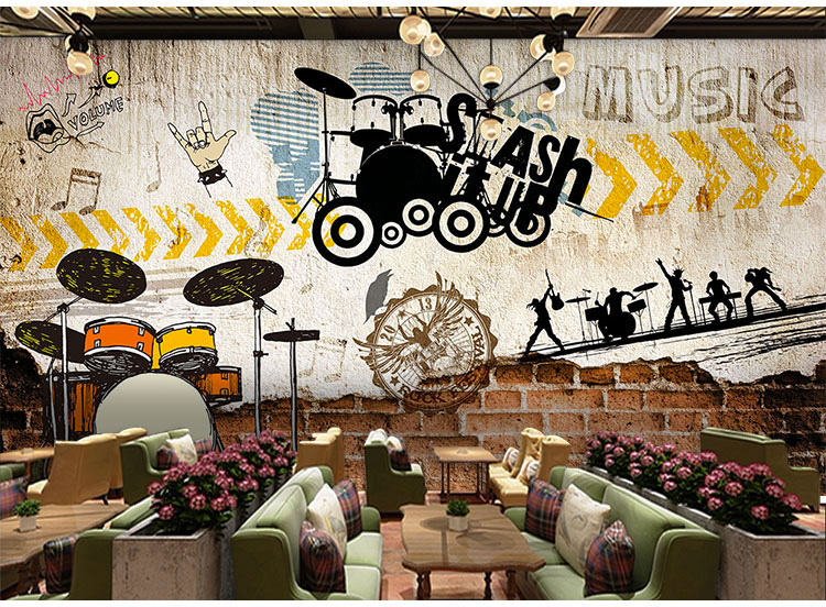 披头士海报 音乐舞台布景背景墙纸架子鼓摇滚教室餐厅酒吧装饰3d海报