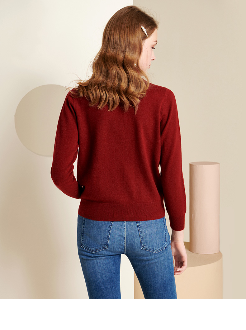 贝加尔酒红色半高领纯羊绒衫女秋冬季水钻内搭针织衫时尚保暖毛衣深丈