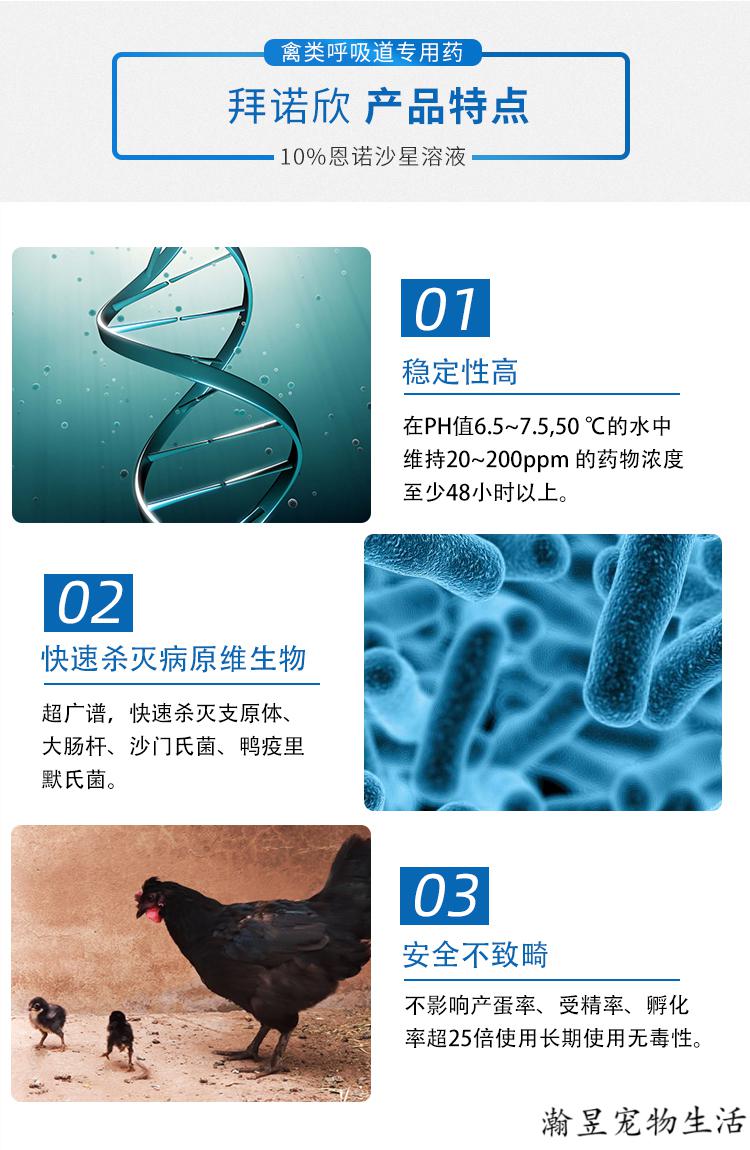 拜耳拜诺欣10恩诺沙星溶液口服液禽用鸡鸭鸽子呼吸道肠道专用药