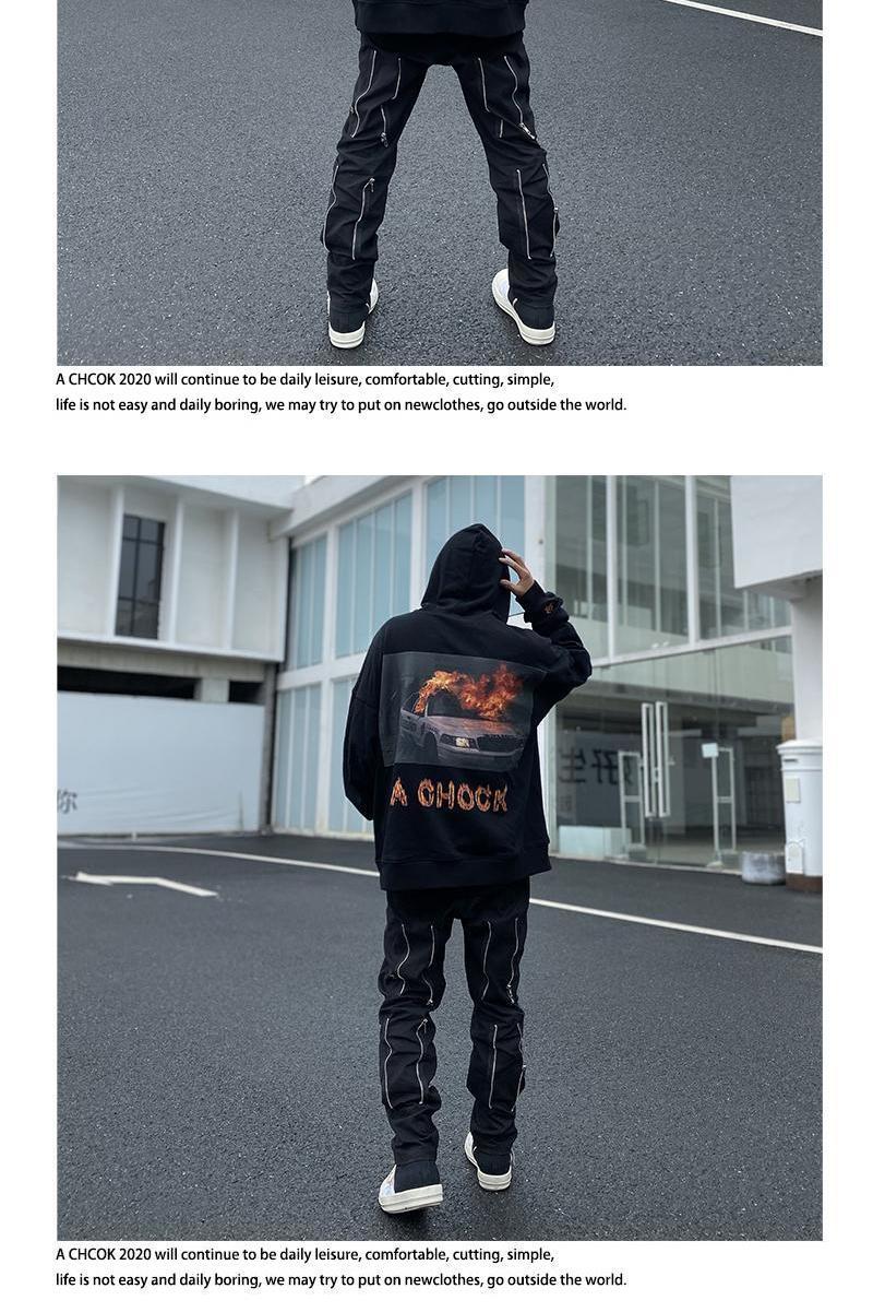 achock原创潮牌刺绣后背汽车火焰印花卫衣宽松情侣连帽上衣黑色薄款m