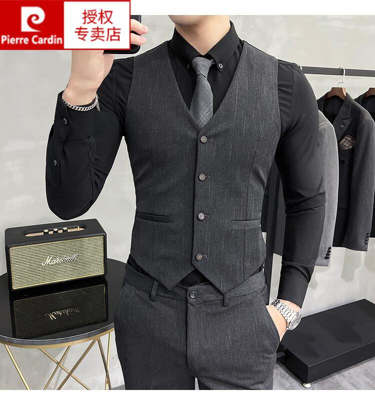 皮尔卡丹法式高档针暗条纹双排扣西服套装男商务休闲职业正装韩版结婚