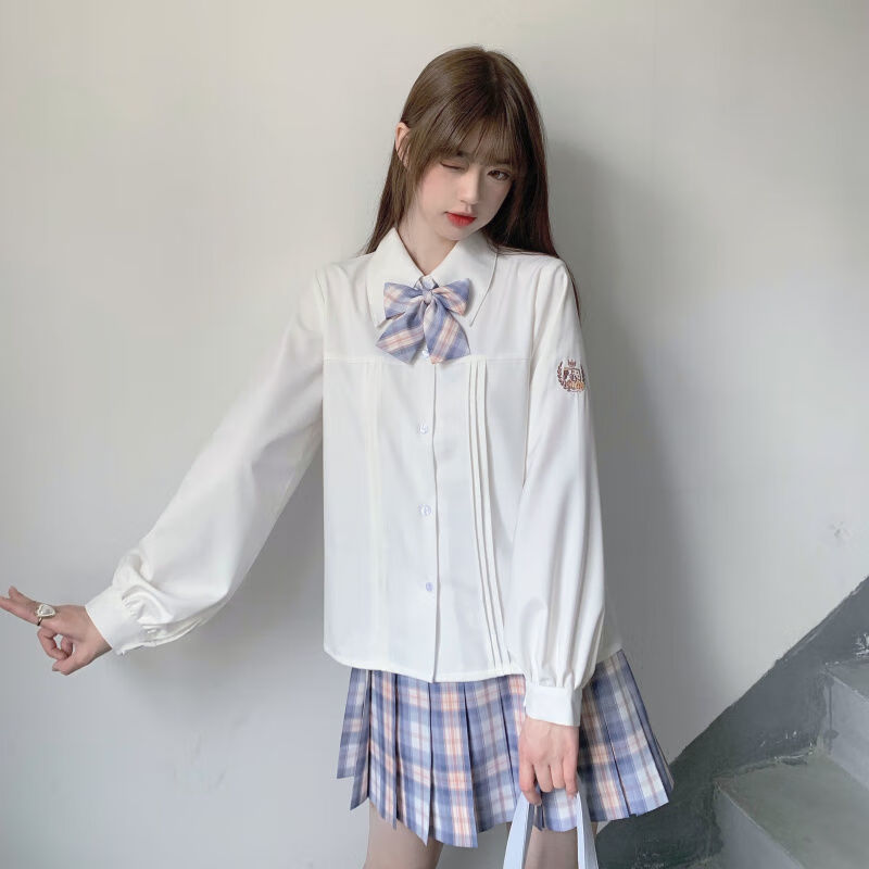 咕妞原创嘉禾女校秋季新款jk制服拼色刺绣宽松长袖衬衫水手服白色单件