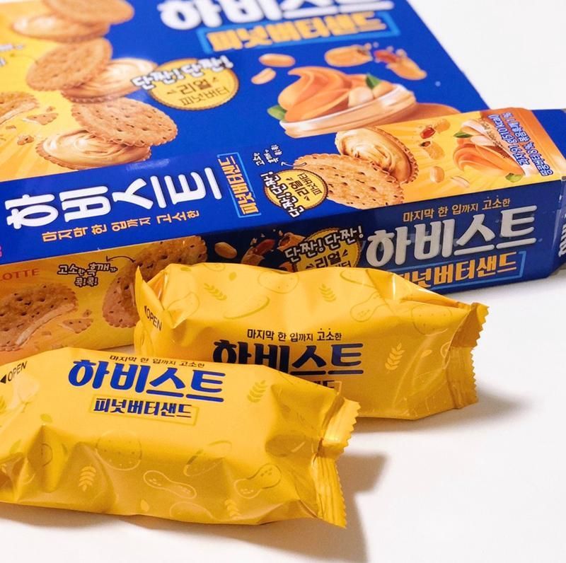 乐天收获黑芝麻夹心饼干3g花生黄油味韩国早餐零食整箱12盒