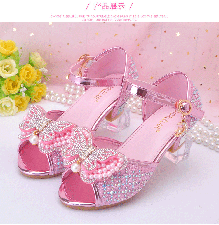女童高跟凉鞋夏季新款小女孩公主鞋中大童表演鞋粉色蝴蝶结鞋63310