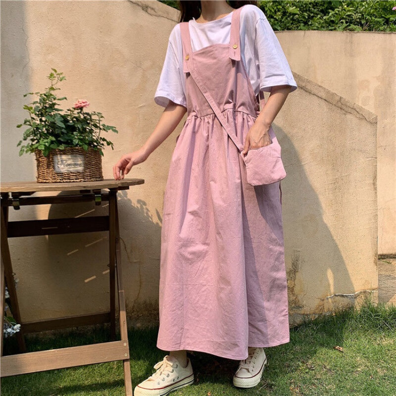 连衣裙女夏季裙子新款学院风夏款背带连衣裙女学生韩版宽松显瘦百搭中