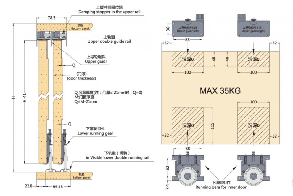 免开槽家具实木阻尼双门移门轮缓冲器移门导轨轨道衣柜定制推拉门 1门