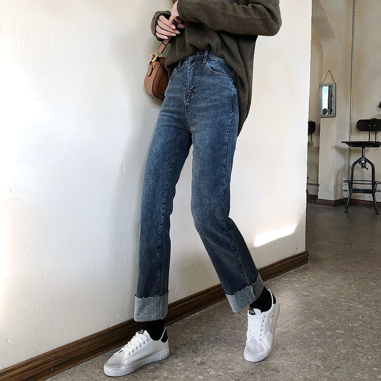 ulzzang复古高腰直筒卷边牛仔裤女百搭弹力显瘦长裤子潮复古蓝腰带l