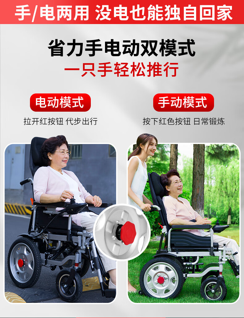 仁和 电动轮椅可折叠车家用医用老年人残疾人轻便双人
