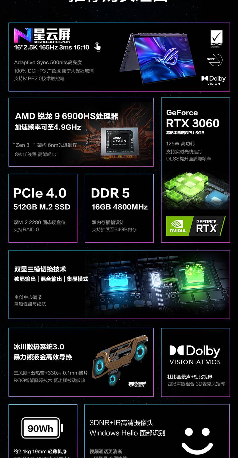 rog幻16翻转版锐龙r9rtx3060rtx3070ti25k165hz16英吋触控二合r96900