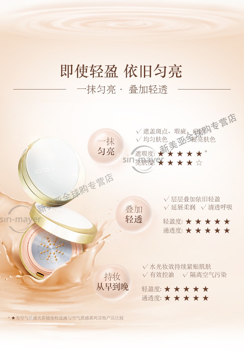 苏秘37°（Su:m37°）气垫CC霜呼吸37气垫粉底液惊喜水分孕妇防晒隔离霜女遮瑕节日礼物 惊喜水润气垫#2号【1正2替换芯】