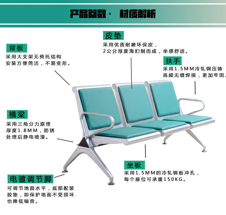 候车椅三人位不锈钢排椅坐椅机场椅连体座椅家用公用休闲连椅会议室椅子 冷轧钢加厚款双人位(无皮垫)