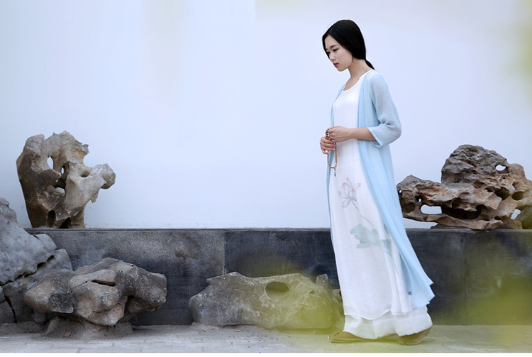 墨秦2018新款夏装清新文艺仙女范 禅意手绘茶人服三层连衣裙 天丝棉长