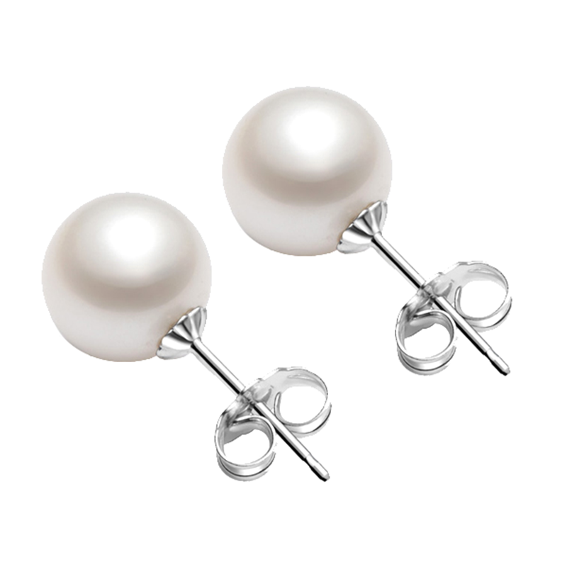 京润 珍珠倾心银镶淡水珍珠耳钉圆形白色7-8mm附证书珍珠耳饰