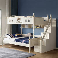 林氏木业儿童床高低床上下床双层床子母床实木脚双人床两层LS196高低床+拖床+F2-A梯柜+上下床床垫，1.5*2.0M儿童床