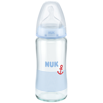 NUK宽口玻璃奶瓶宝宝奶瓶6-18中圆孔硅胶蓝色240ml德国进口图案随机