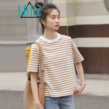 岚烨港风短袖2021新款半袖条纹t恤女纯棉上衣宽松韩版夏季基础百搭