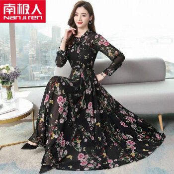 南极人高档品牌女装 碎花雪纺连衣裙女长袖春秋长款收腰显瘦气质大码