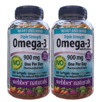 Webber NaturalsWebber naturals 3倍鱼油加拿大伟博高含量Omega3 成人三倍浓缩鱼油900mg200粒*2瓶