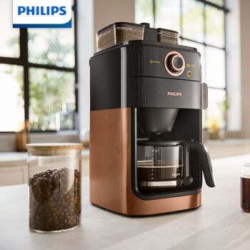 飞利浦（PHILIPS）美式咖啡机 家用磨豆机 豆粉两用 磨粉机 双豆槽带预约功能自动清洗咖啡壶金属棕HD7762/70