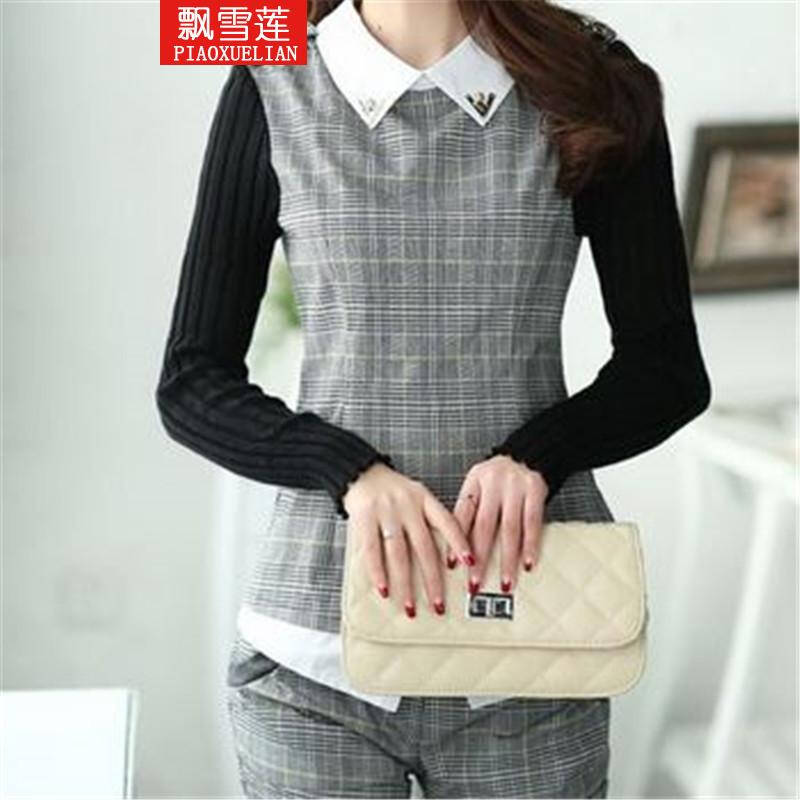飘雪莲 2014秋休闲长袖<em>套装格子</em>女装白色衬衫