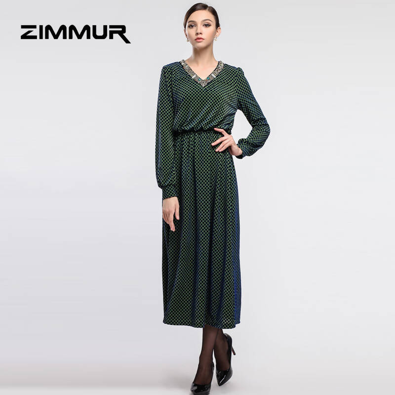 ZIMMUR2014秋冬新款连衣裙 女装长袖钉珠格