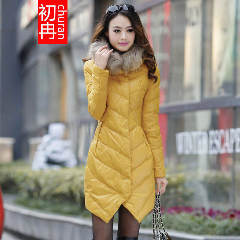 初冉 2014秋装新款 女貉子毛领轻薄中长款修身