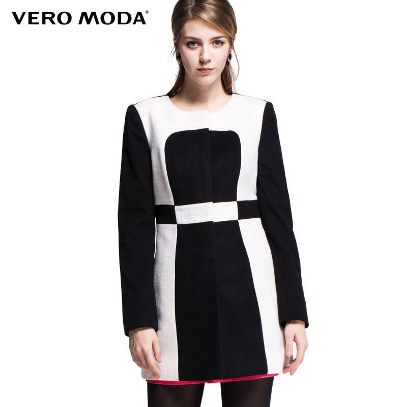 Vero Moda黑白拼接设计经典圆领女士毛呢外套