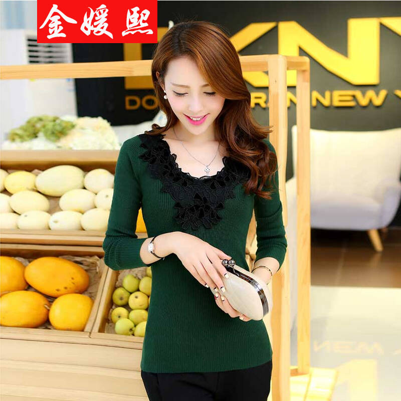 金媛熙袖庭 2014秋装蕾丝针织衫打底衫修身t恤