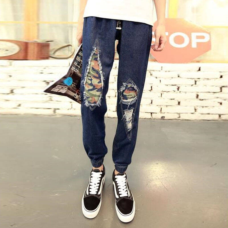 丹杰仕 男士迷彩补丁牛仔裤男牛仔小脚裤韩版