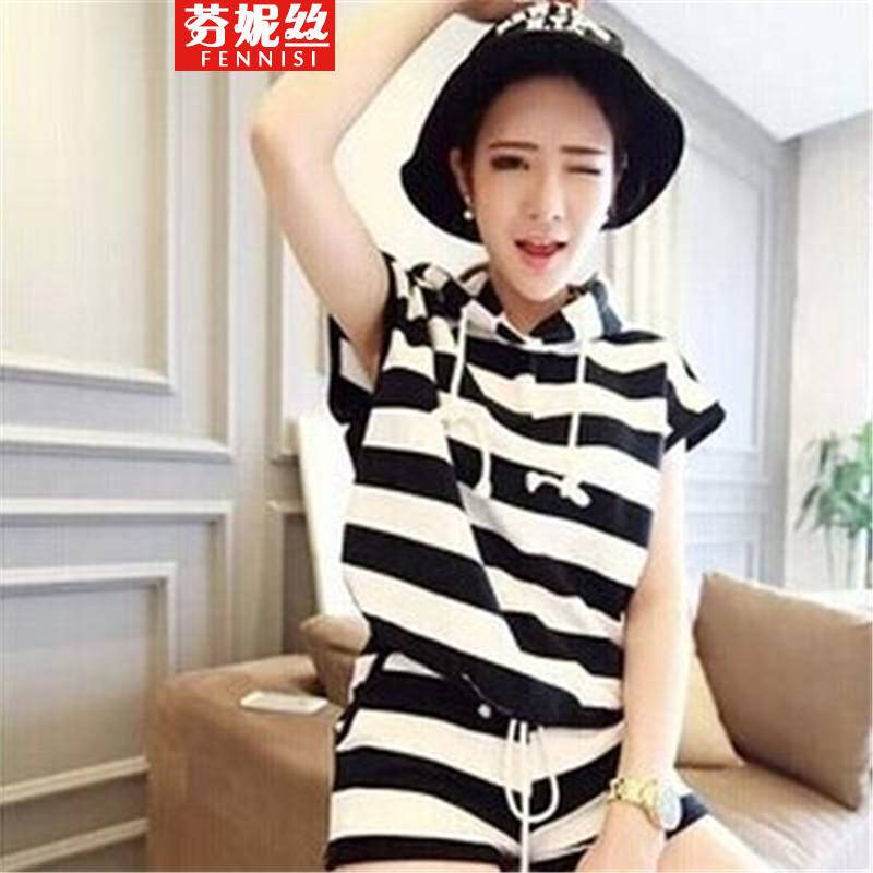 芬妮诗 2014夏休闲短袖套装<em>上衣</em>条纹带帽<em>冬短</em>