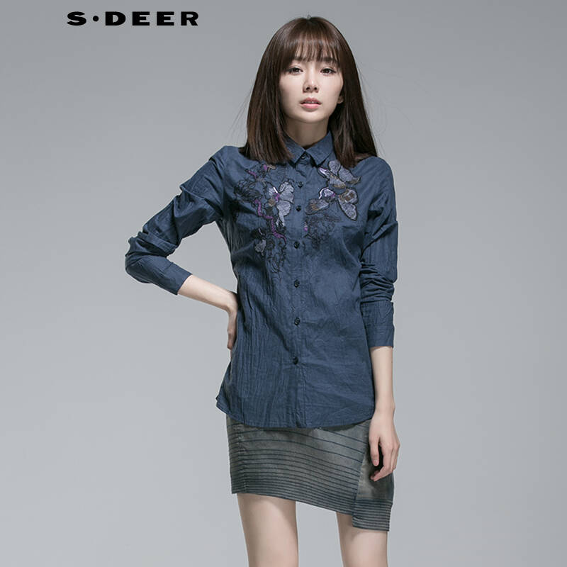 圣迪奥 sdeer 2015新款女装春装精致刺绣抓皱衬衫4380513 炭黑蓝/84 l