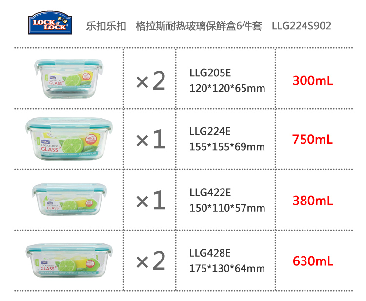 
                                        
                                                                                乐扣乐扣(lock&lock)微波炉饭盒 玻璃套装保鲜盒 套装六件套（300ml*2+380ml+630ml*2+750ml）LLG224S902                